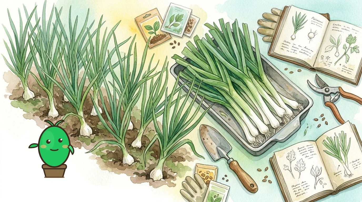 plateau de poireaux perpétuels récoltés, prêts à être cuisinés