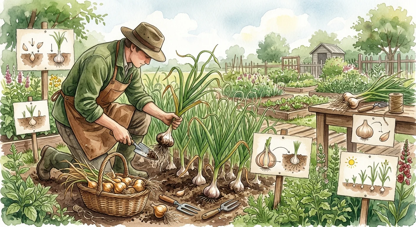 un jardinier en train de récolter de l'ail, avec un panier rempli de bulbes dorés à ses pieds