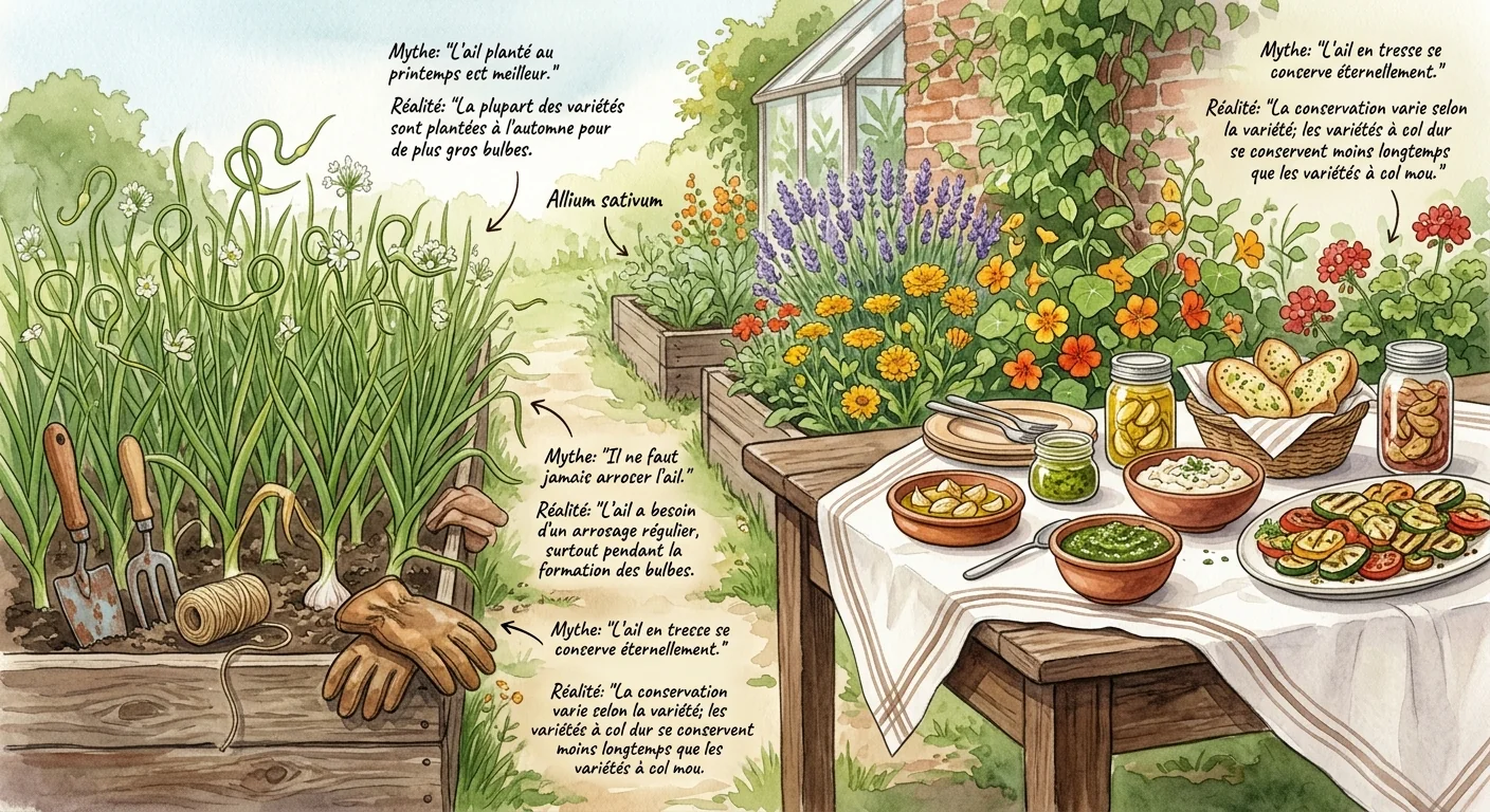 une belle table dressée avec des plats à base d'ail, entourée de verdure et de fleurs colorées