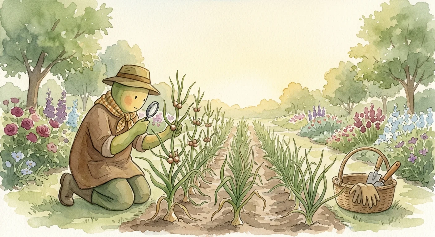 jardinier observant les feuilles d'oignon pour détecter les maladies