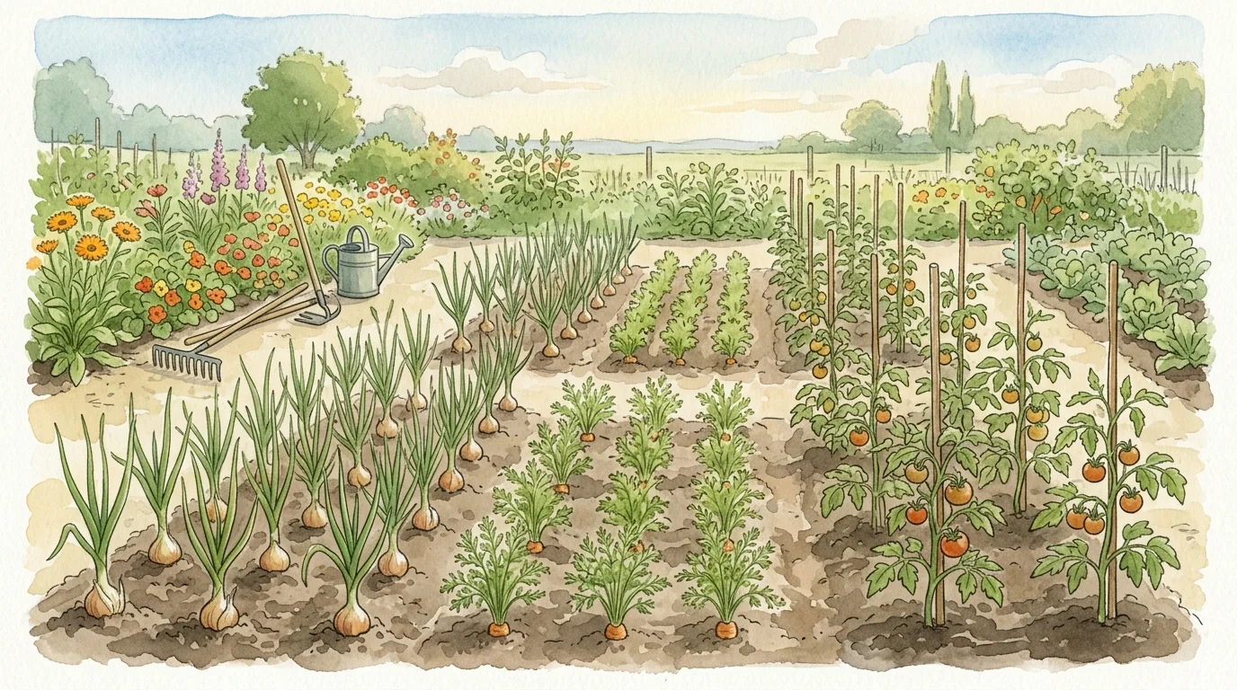 plan de jardin montrant des associations de légumes comme les oignons rocambole, les carottes et les tomates