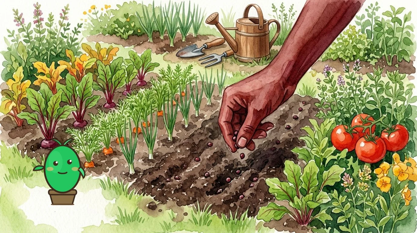 potager avec des betteraves, carottes et oignons cultivés ensemble