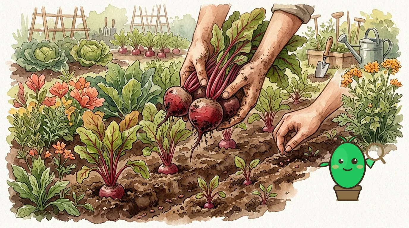 récolte de betteraves dans un potager, mains pleines de terre tenant des betteraves fraîchement cueillies