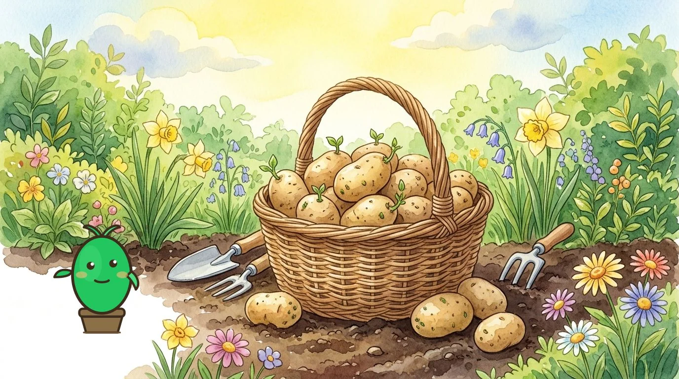 panier rempli de pommes de terre fraîchement récoltées, avec quelques tubercules montrant des germes