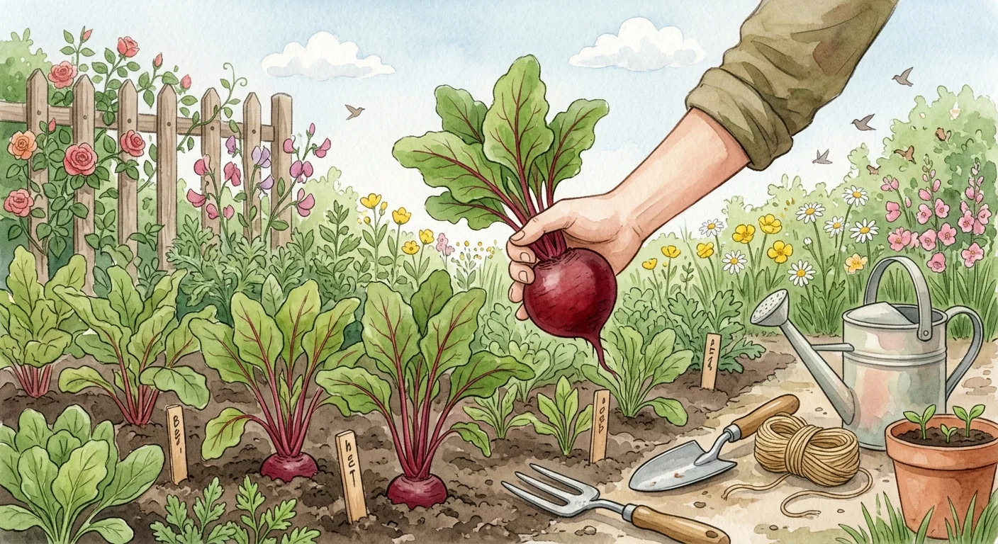 une main de jardinier tenant une betterave fraîchement récoltée, au milieu d'un potager