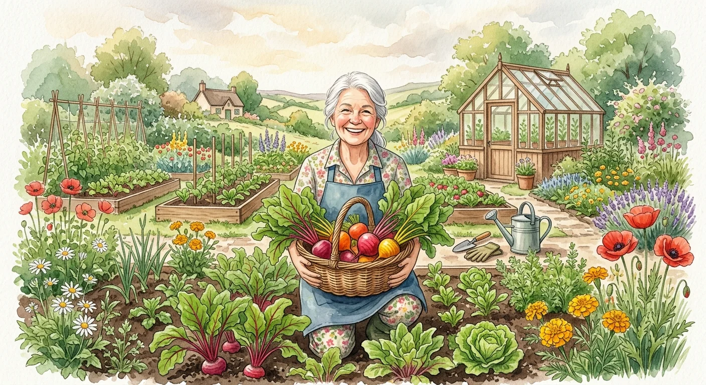 un jardinier souriant tenant un panier rempli de betteraves colorées, avec un potager verdoyant en arrière-plan